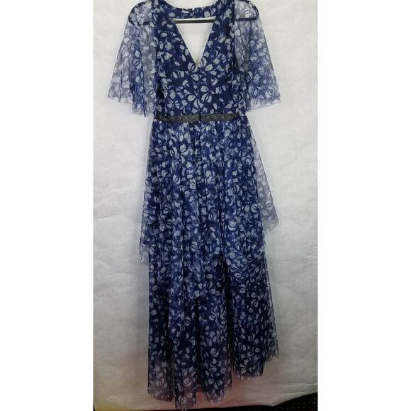 BCBG Max Azria Maxi Dress Women 6 Kaleidoscope Navy Floral Chiffon Tiered Hi-Low - Picture 2 of 16